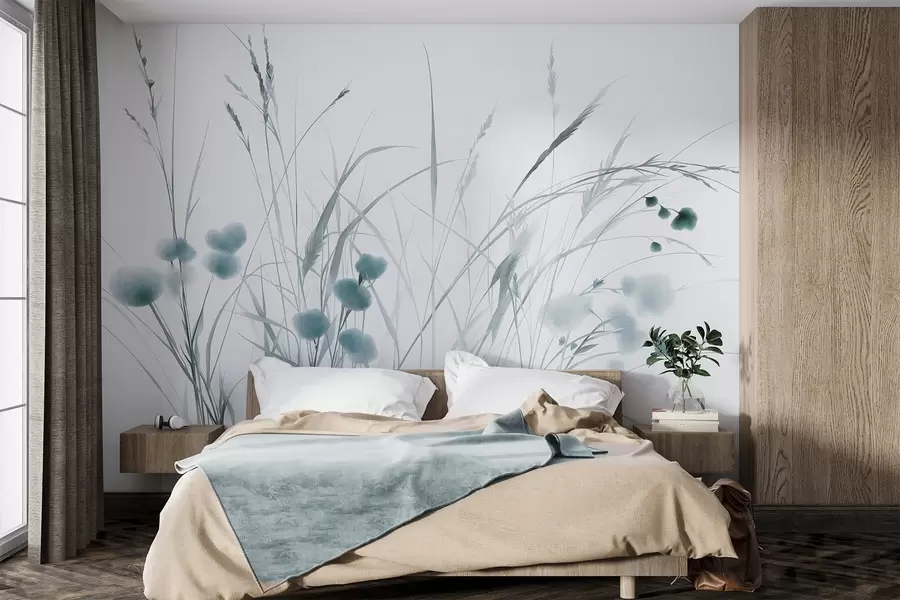 wall murals Високе траве и мало плаво дивље цвеће на бледој позадини, текстурирани бохо стил w09902v1
