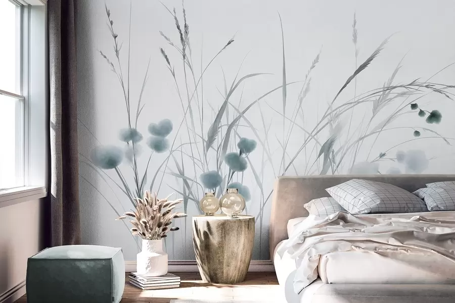 wall murals Високе траве и мало плаво дивље цвеће на бледој позадини, текстурирани бохо стил w09902v1