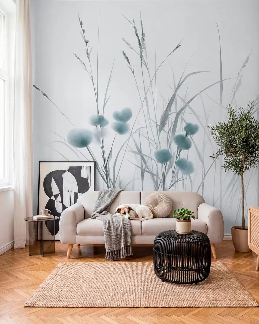 wall murals Високе траве и мало плаво дивље цвеће на бледој позадини, текстурирани бохо стил w09902v1