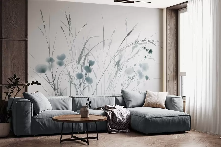 wall murals Високе траве и мало плаво дивље цвеће на бледој позадини, текстурирани бохо стил w09902v1