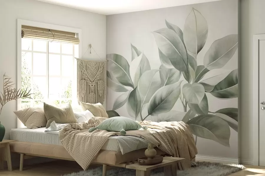 wall murals Светлозелено лишће на бледој, мекој позадини, текстурирани бохо стил w09909