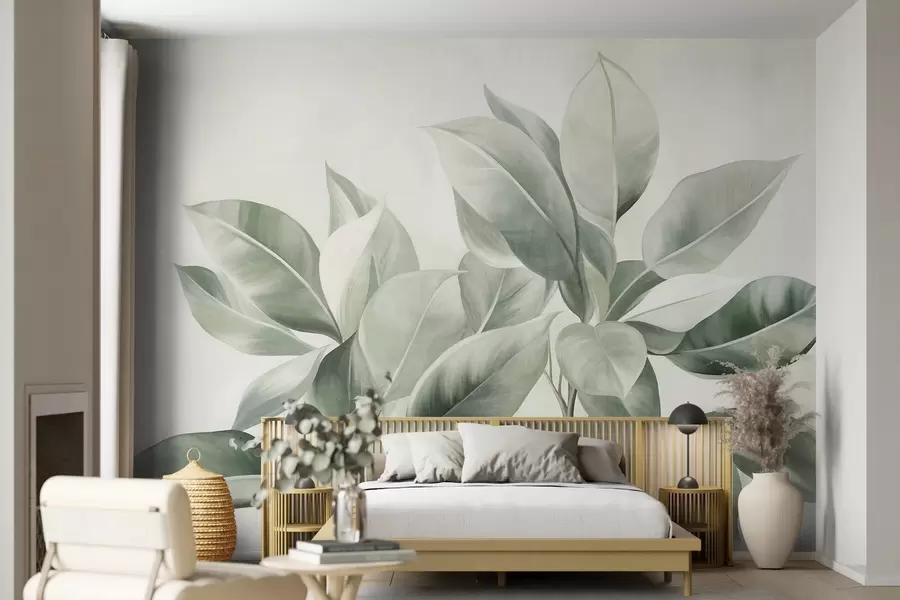 wall murals Светлозелено лишће на бледој, мекој позадини, текстурирани бохо стил w09909