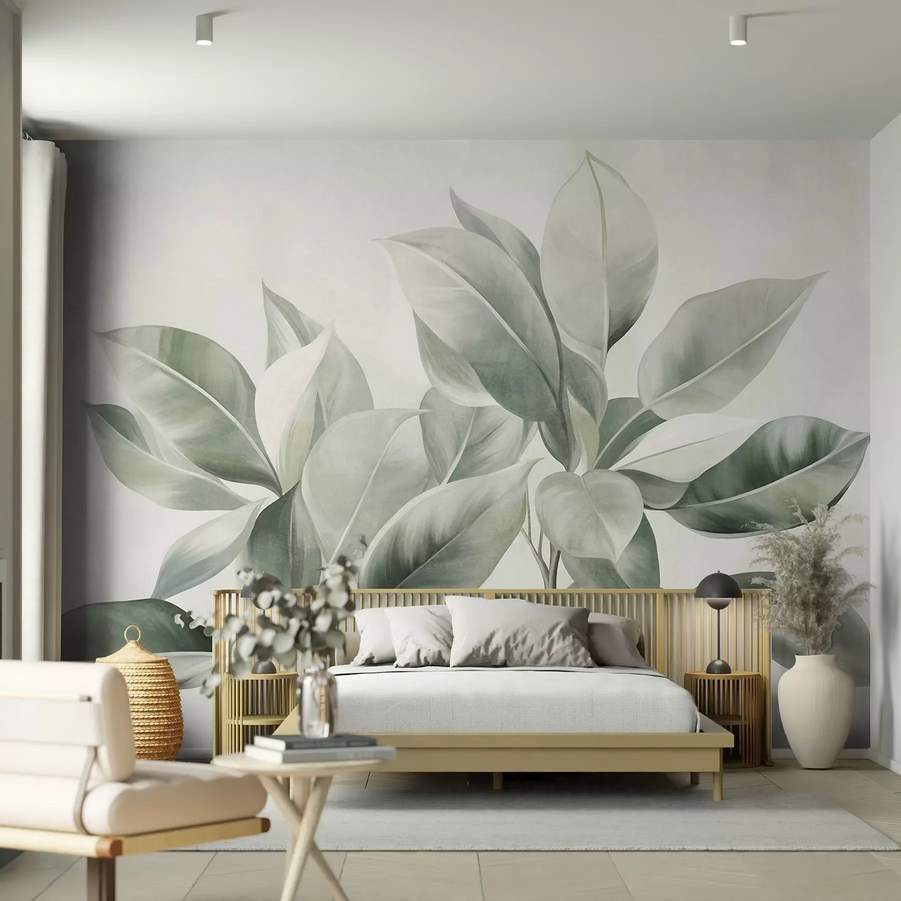 wall murals Светлозелено лишће на бледој, мекој позадини, текстурирани бохо стил w09909