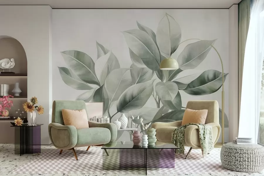 wall murals Светлозелено лишће на бледој, мекој позадини, текстурирани бохо стил w09909