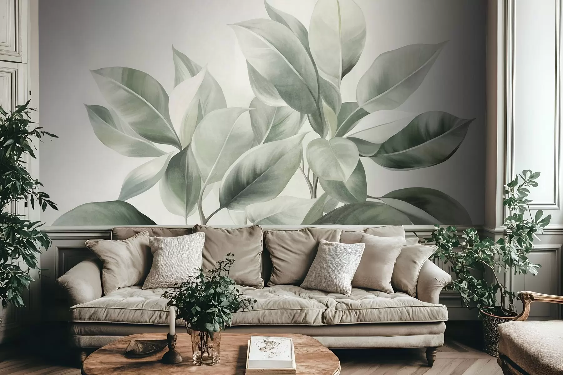 wall murals Светлозелено лишће на бледој, мекој позадини, текстурирани бохо стил w09909