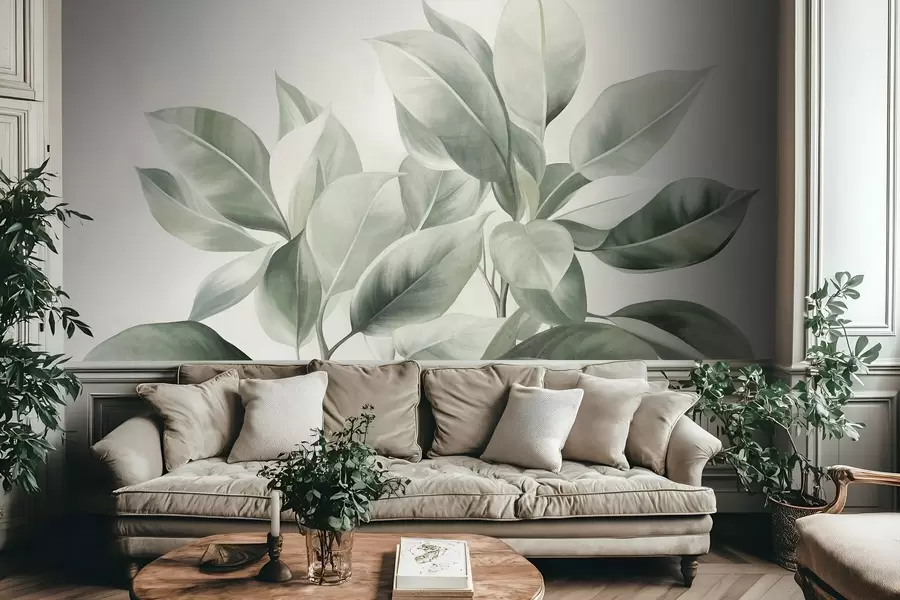 wall murals Светлозелено лишће на бледој, мекој позадини, текстурирани бохо стил w09909