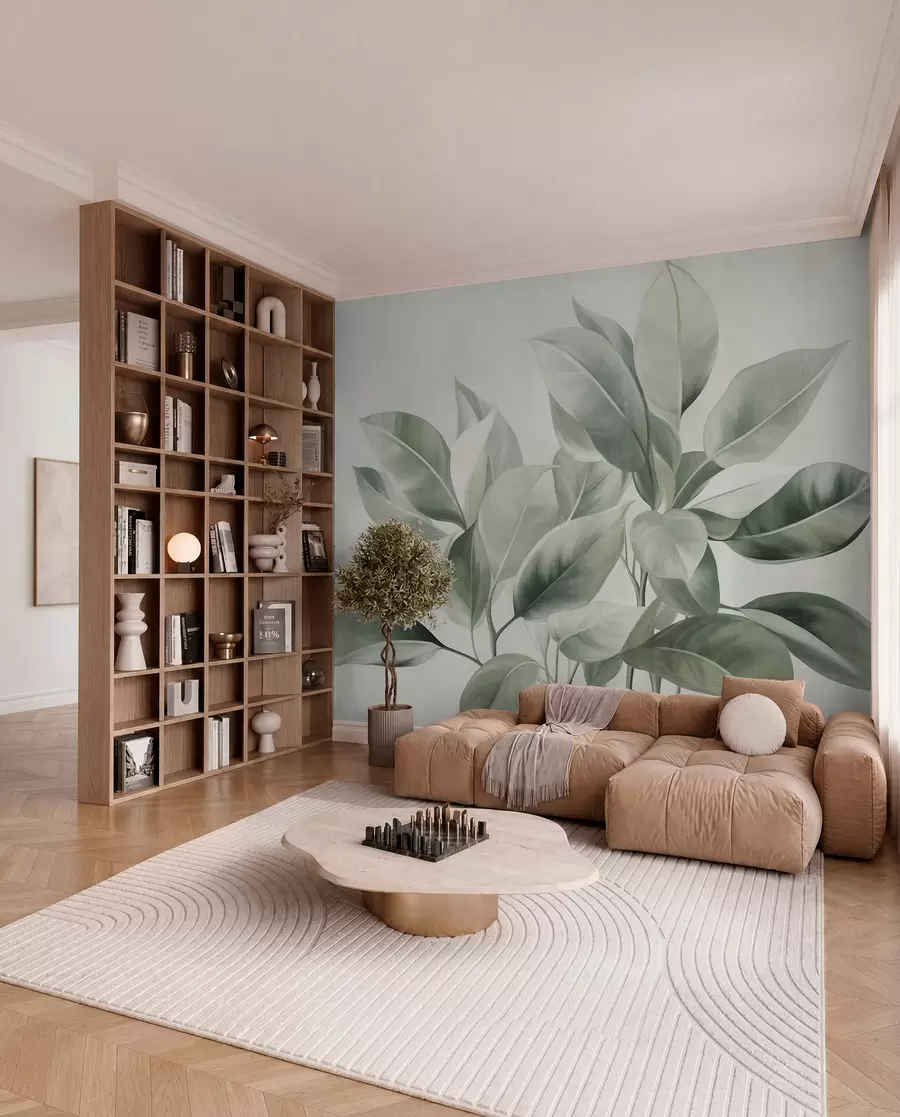 wall murals Светлозелено лишће на бледој, мекој позадини, текстурирани бохо стил w09909