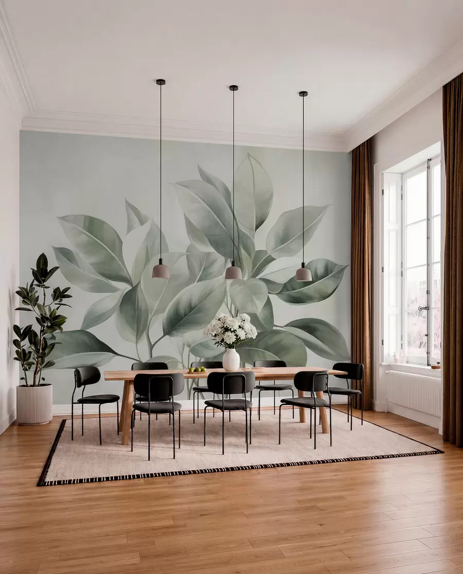 wall murals Светлозелено лишће на бледој, мекој позадини, текстурирани бохо стил w09909