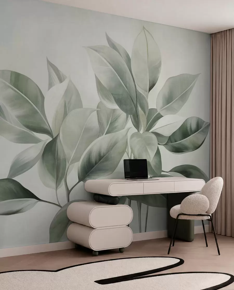 wall murals Светлозелено лишће на бледој, мекој позадини, текстурирани бохо стил w09909