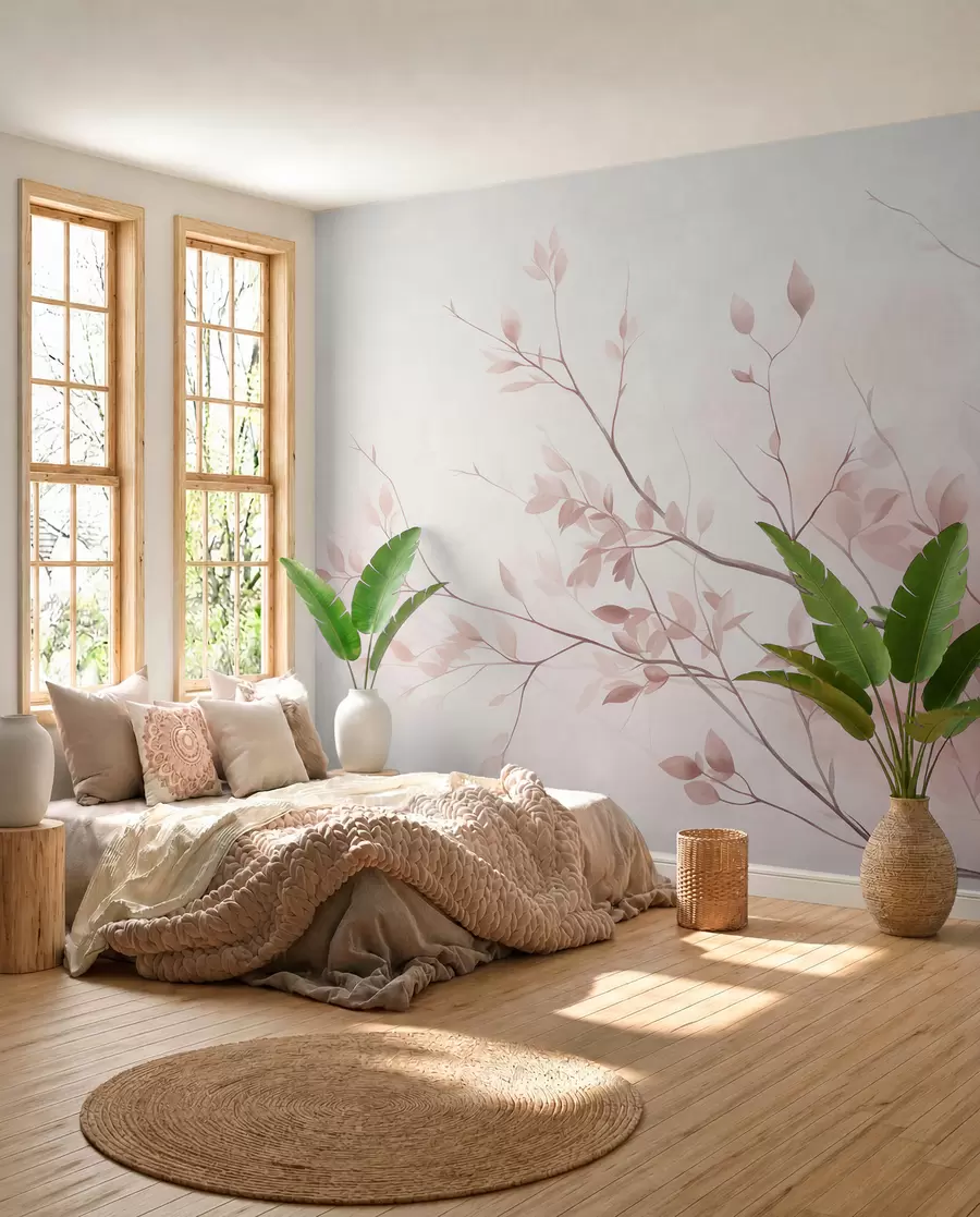 wall murals Нежне гране са меким ружичастим листовима на бледој позадини, акварел стил w09910