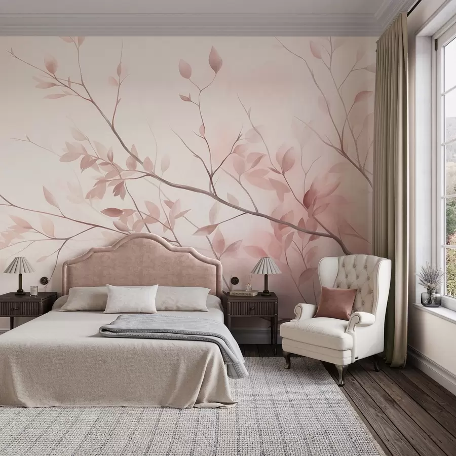 wall murals Нежне гране са меким ружичастим листовима на бледој позадини, акварел стил w09910
