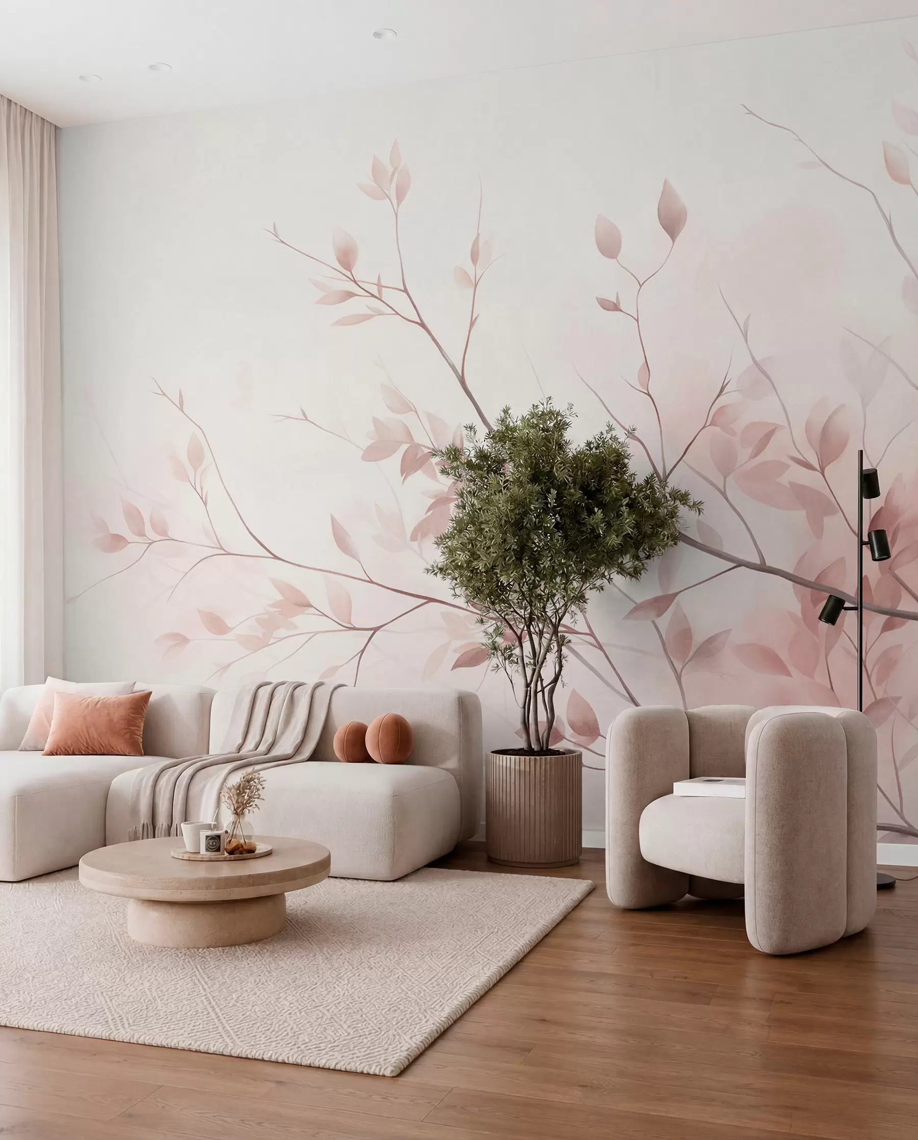 wall murals Нежне гране са меким ружичастим листовима на бледој позадини, акварел стил w09910