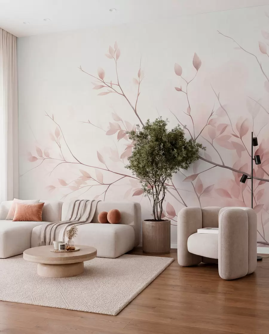 wall murals Нежне гране са меким ружичастим листовима на бледој позадини, акварел стил w09910