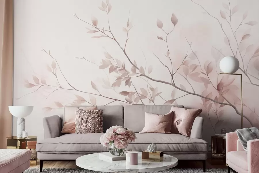 wall murals Нежне гране са меким ружичастим листовима на бледој позадини, акварел стил w09910