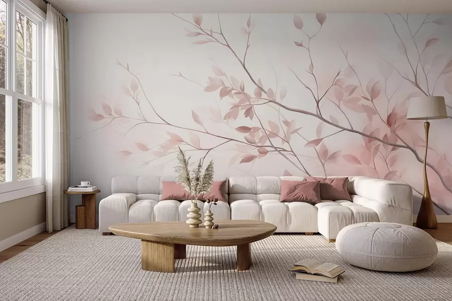 wall murals Нежне гране са меким ружичастим листовима на бледој позадини, акварел стил w09910