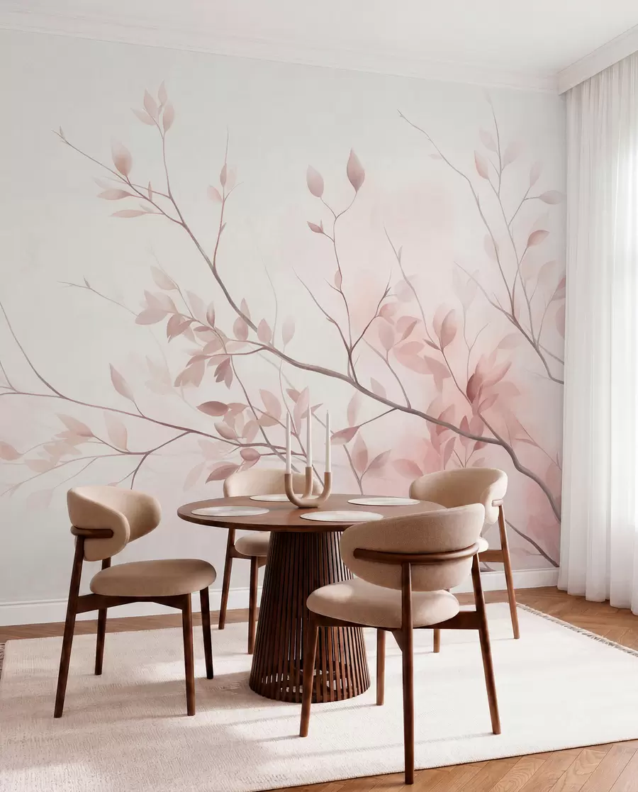 wall murals Нежне гране са меким ружичастим листовима на бледој позадини, акварел стил w09910