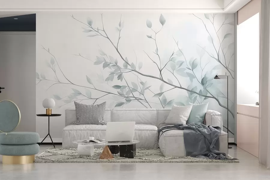 wall murals Нежне гране са меким ружичастим листовима на бледој позадини, акварел стил w09910v1