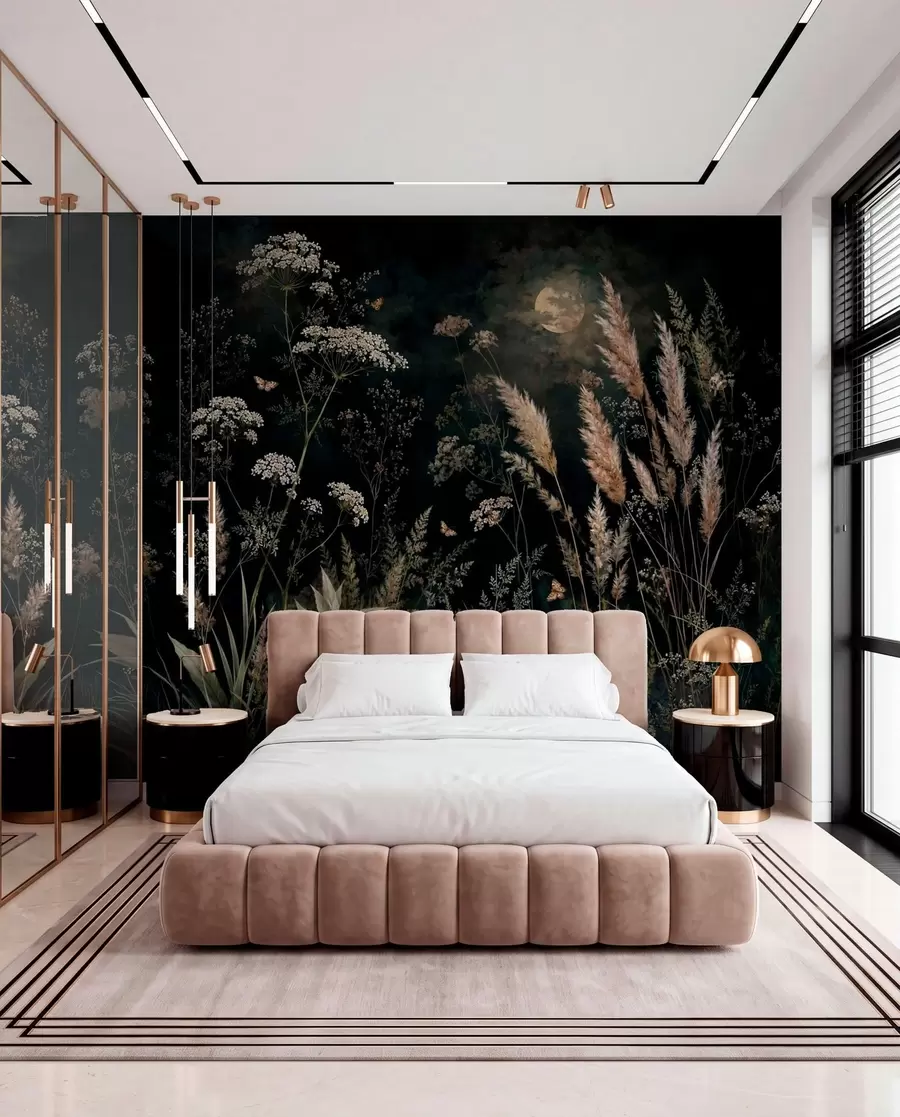 wall murals Месечином обасјана ливада са дивљим травама и цвећем w05701