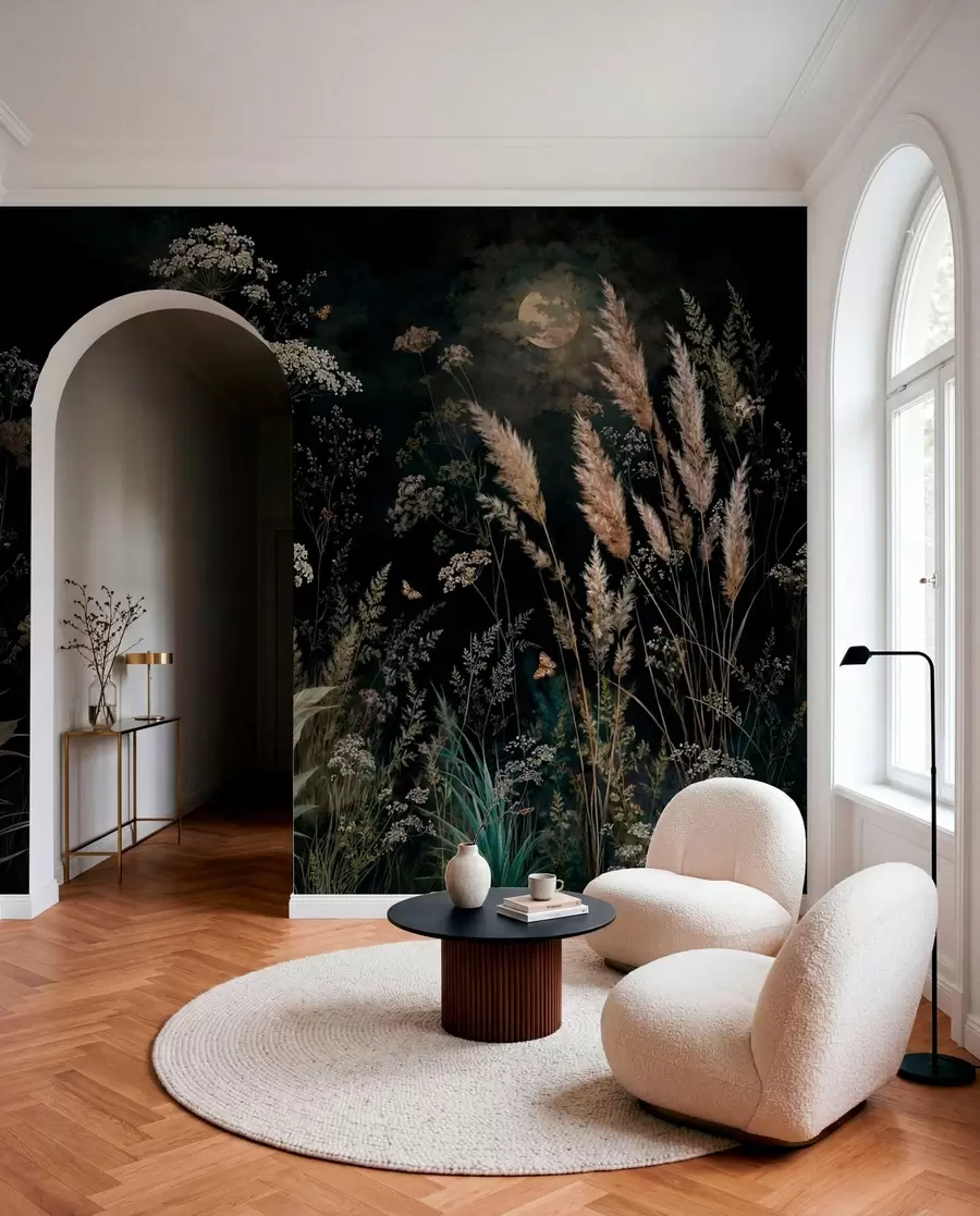 wall murals Месечином обасјана ливада са дивљим травама и цвећем w05701