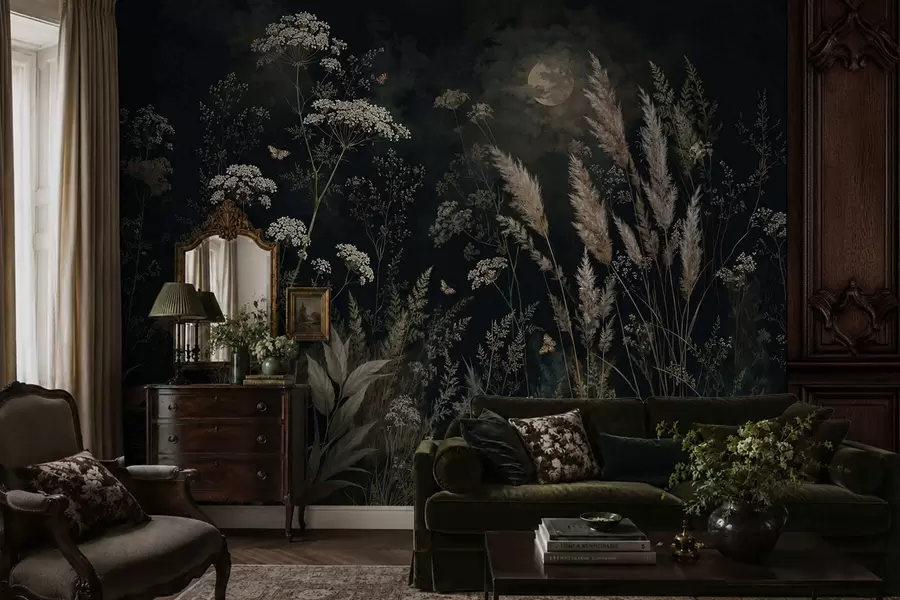 wall murals Месечином обасјана ливада са дивљим травама и цвећем w05701