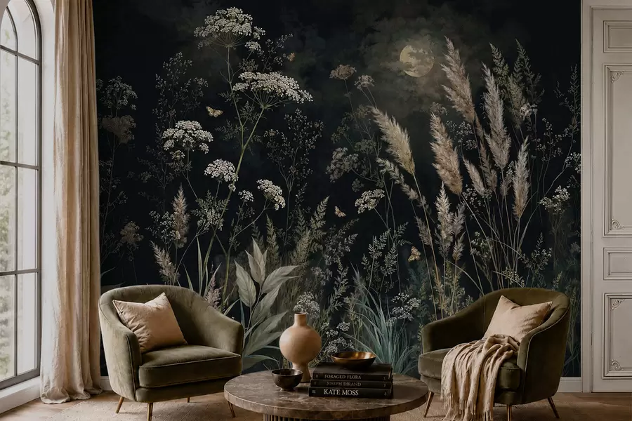 wall murals Месечином обасјана ливада са дивљим травама и цвећем w05701