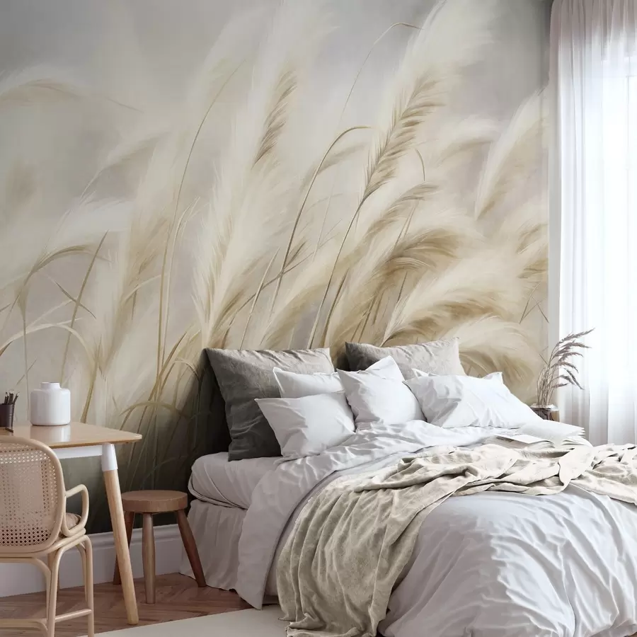 wall murals Висока пампас трава се нежно њише на ветру на мекој, пригушеној позадини, текстурирана уметност w09825
