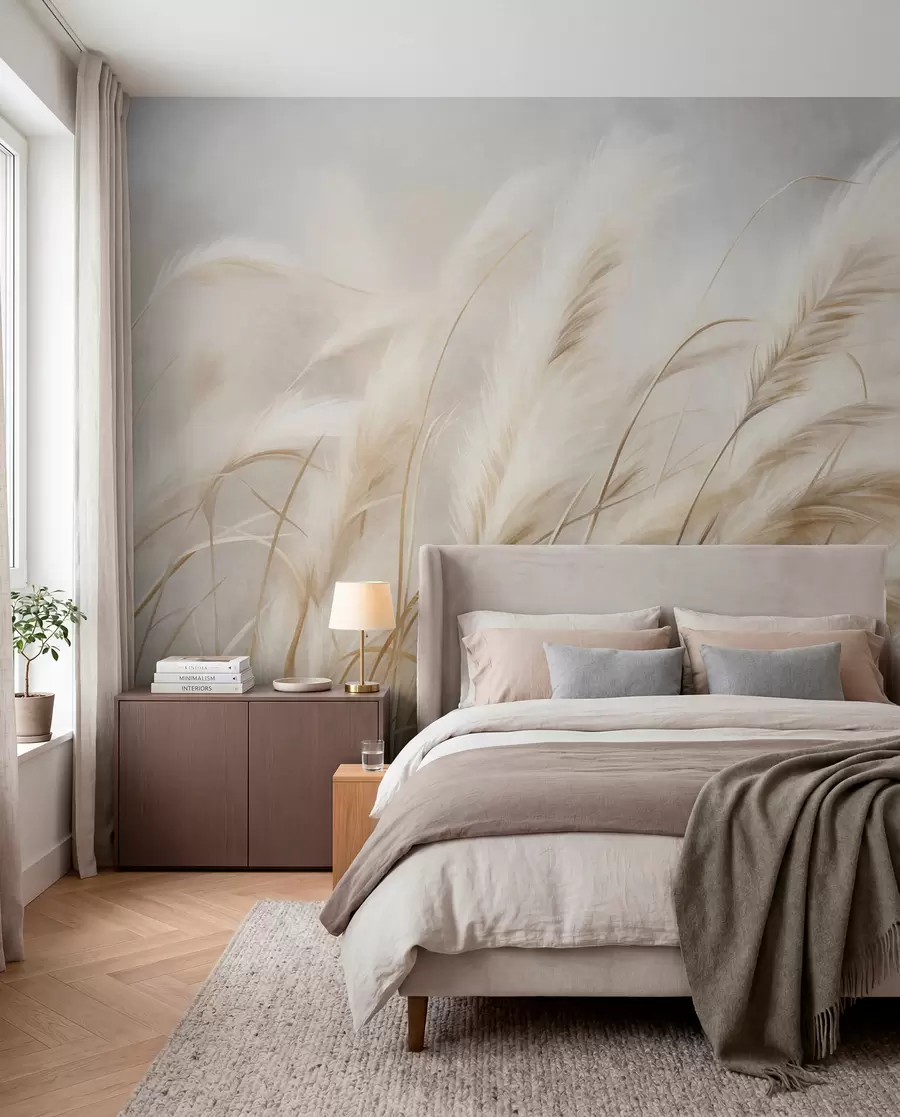 wall murals Висока пампас трава се нежно њише на ветру на мекој, пригушеној позадини, текстурирана уметност w09825