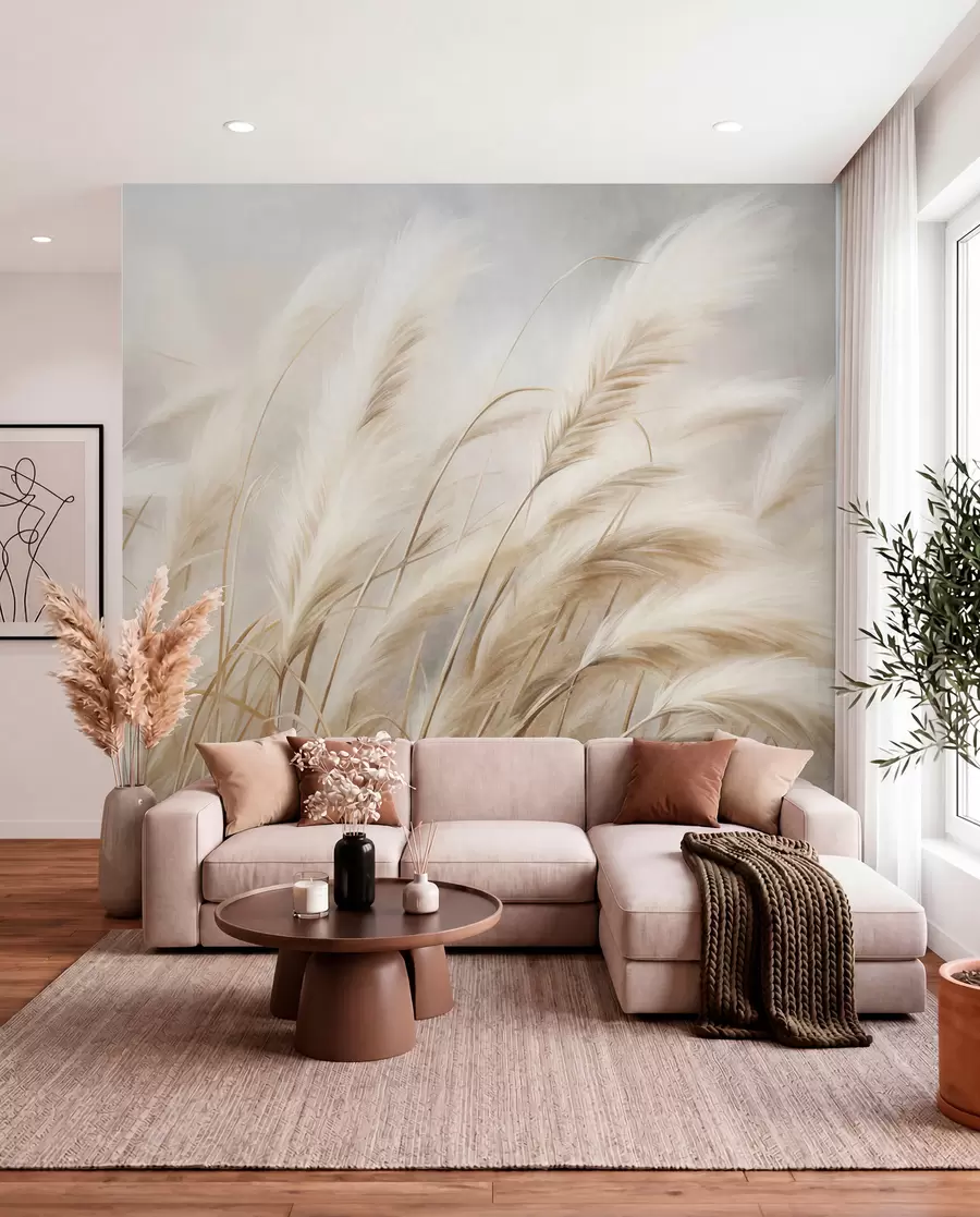 wall murals Висока пампас трава се нежно њише на ветру на мекој, пригушеној позадини, текстурирана уметност w09825
