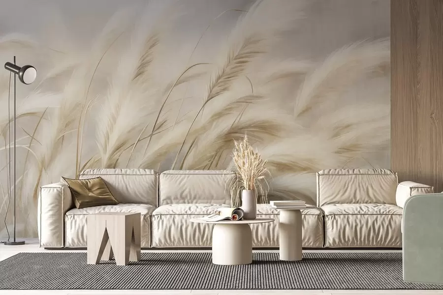 wall murals Висока пампас трава се нежно њише на ветру на мекој, пригушеној позадини, текстурирана уметност w09825