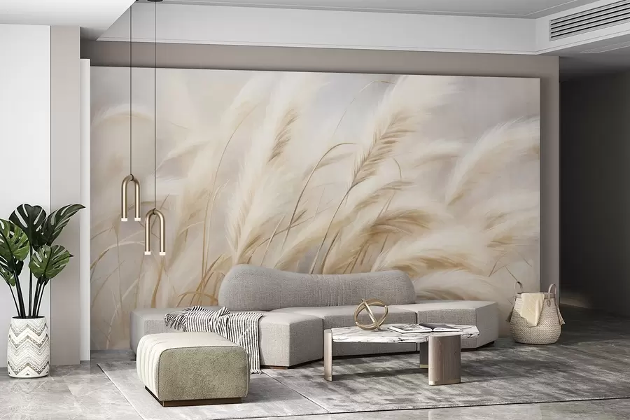 wall murals Висока пампас трава се нежно њише на ветру на мекој, пригушеној позадини, текстурирана уметност w09825