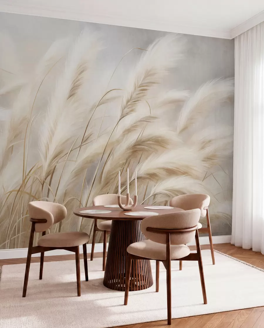 wall murals Висока пампас трава се нежно њише на ветру на мекој, пригушеној позадини, текстурирана уметност w09825