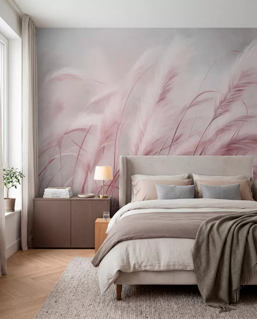 wall murals Висока пампас трава се нежно њише на ветру на мекој, пригушеној позадини, текстурирана уметност w09825v1