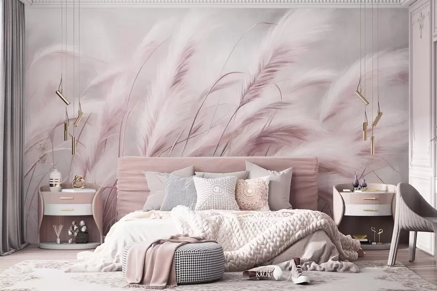 wall murals Висока пампас трава се нежно њише на ветру на мекој, пригушеној позадини, текстурирана уметност w09825v1