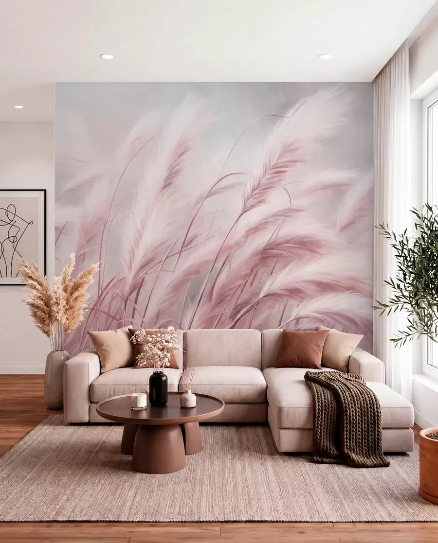 wall murals Висока пампас трава се нежно њише на ветру на мекој, пригушеној позадини, текстурирана уметност w09825v1