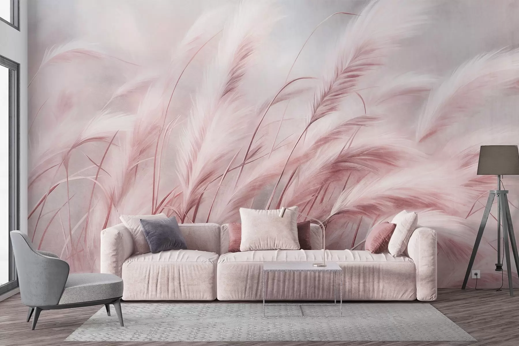 wall murals Висока пампас трава се нежно њише на ветру на мекој, пригушеној позадини, текстурирана уметност w09825v1