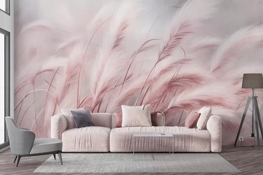 wall murals Висока пампас трава се нежно њише на ветру на мекој, пригушеној позадини, текстурирана уметност w09825v1