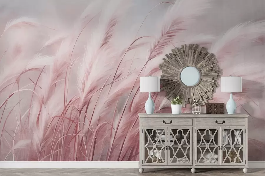 wall murals Висока пампас трава се нежно њише на ветру на мекој, пригушеној позадини, текстурирана уметност w09825v1