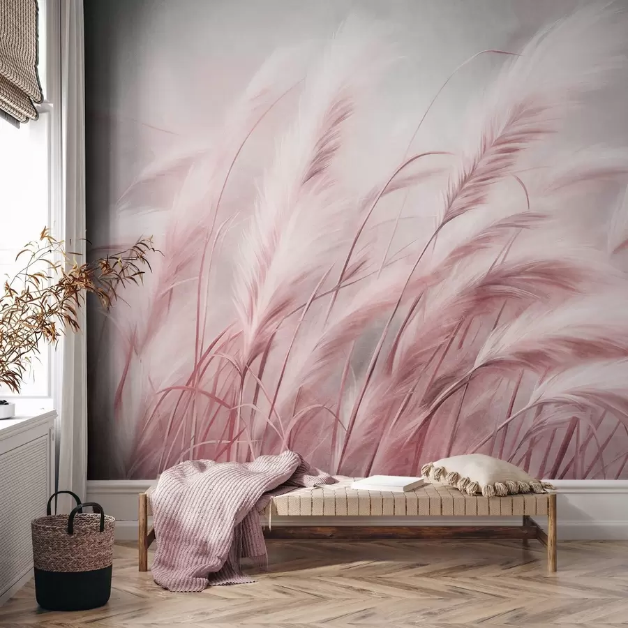 wall murals Висока пампас трава се нежно њише на ветру на мекој, пригушеној позадини, текстурирана уметност w09825v1