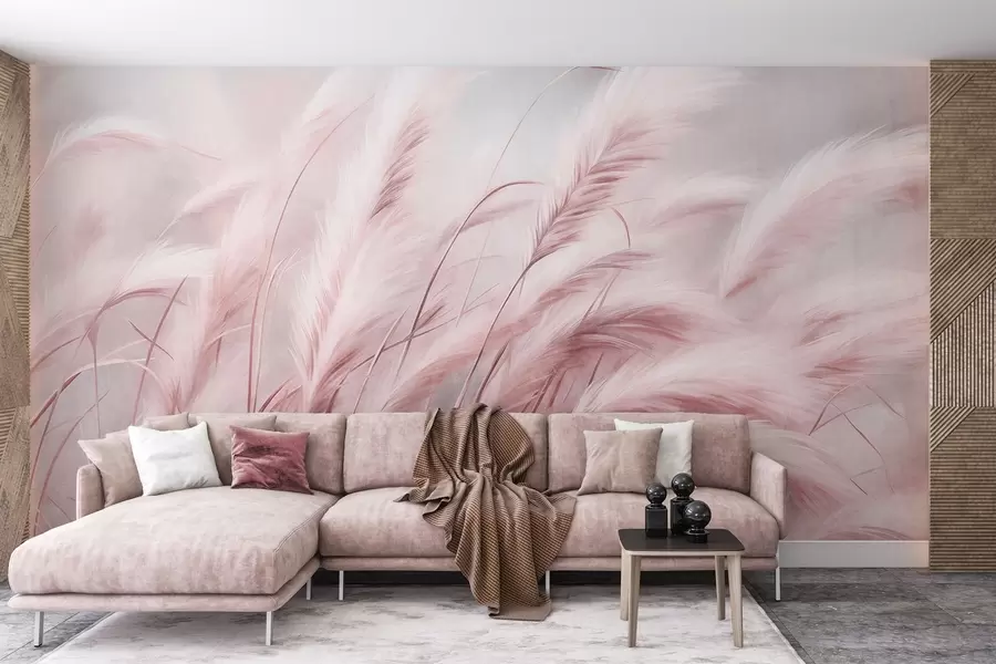 wall murals Висока пампас трава се нежно њише на ветру на мекој, пригушеној позадини, текстурирана уметност w09825v1