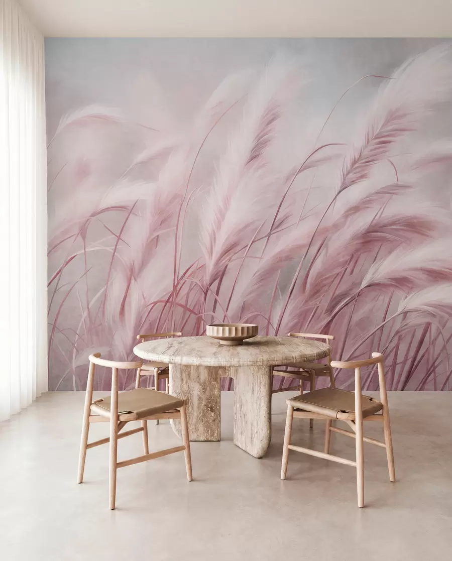 wall murals Висока пампас трава се нежно њише на ветру на мекој, пригушеној позадини, текстурирана уметност w09825v1