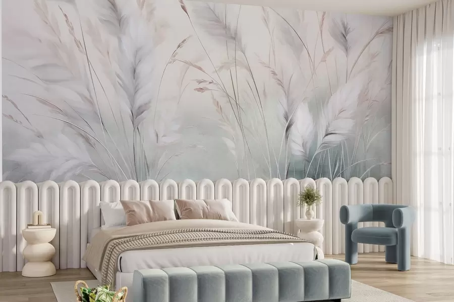 wall murals Висока, перната трава се нежно њише на мекој, пригушеној позадини, нежна природна уметност w09831
