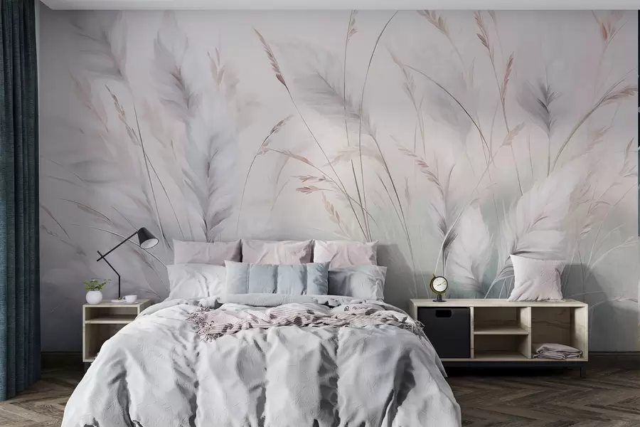 wall murals Висока, перната трава се нежно њише на мекој, пригушеној позадини, нежна природна уметност w09831