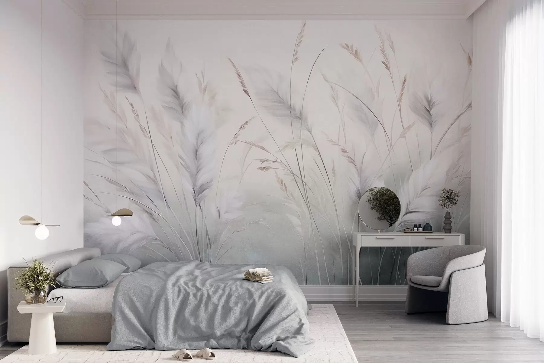 wall murals Висока, перната трава се нежно њише на мекој, пригушеној позадини, нежна природна уметност w09831