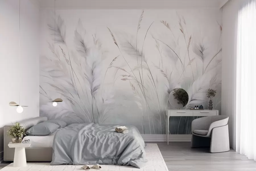 wall murals Висока, перната трава се нежно њише на мекој, пригушеној позадини, нежна природна уметност w09831