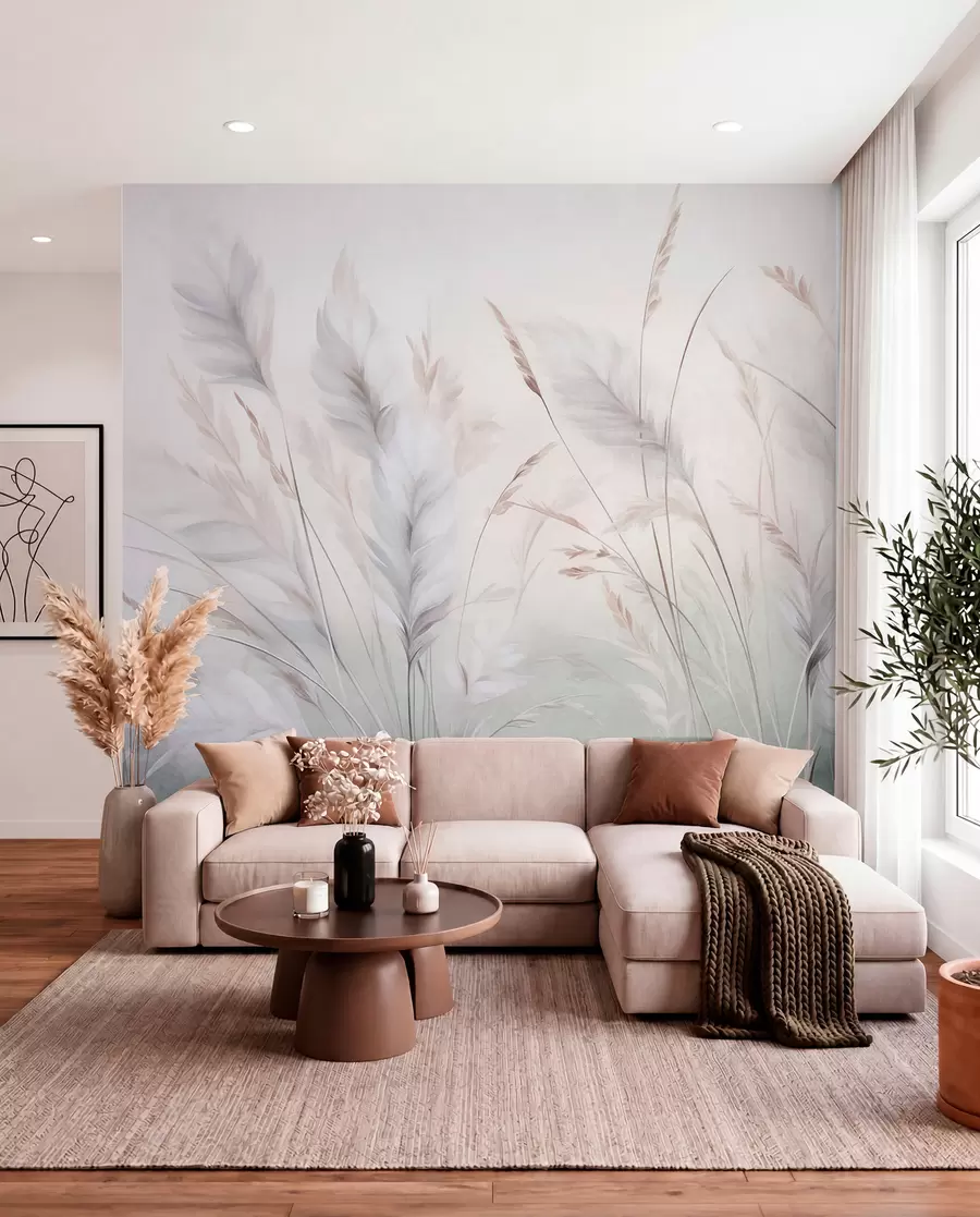 wall murals Висока, перната трава се нежно њише на мекој, пригушеној позадини, нежна природна уметност w09831