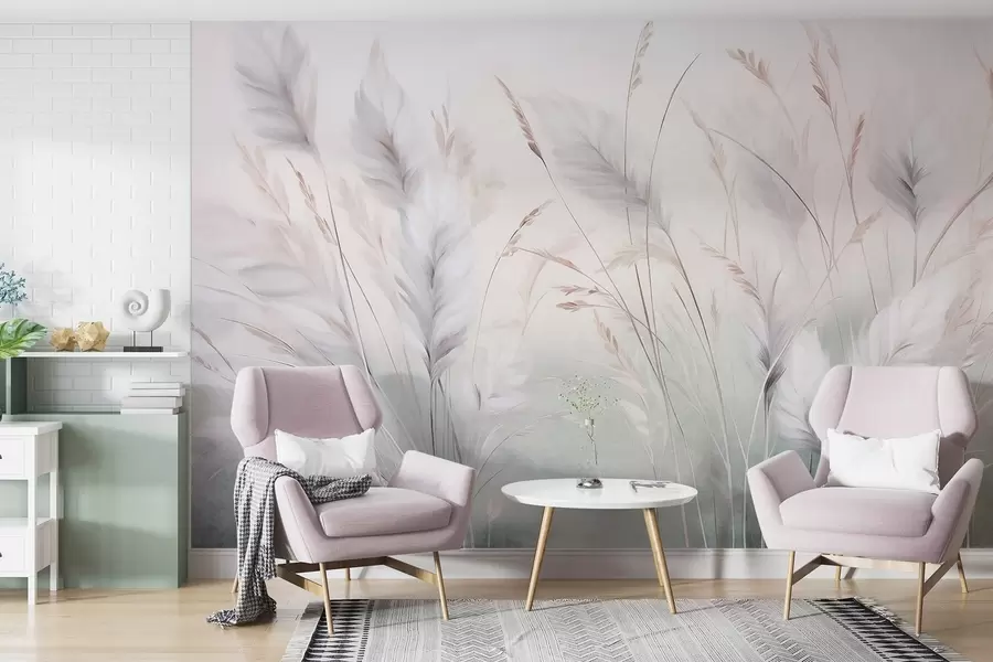 wall murals Висока, перната трава се нежно њише на мекој, пригушеној позадини, нежна природна уметност w09831
