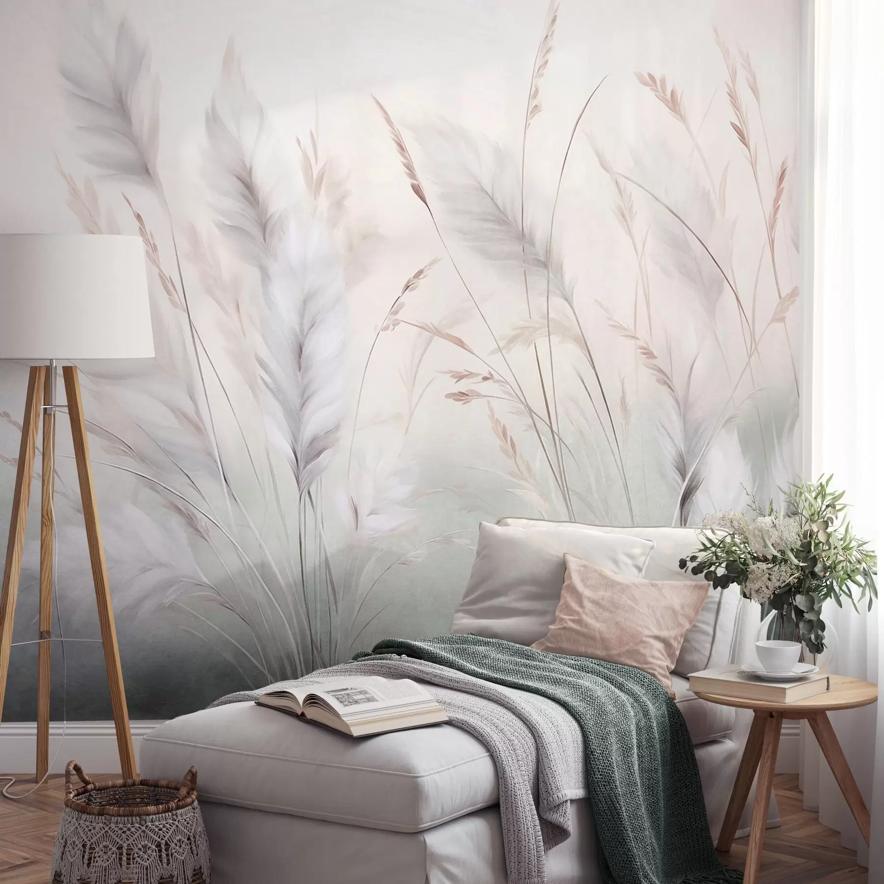 wall murals Висока, перната трава се нежно њише на мекој, пригушеној позадини, нежна природна уметност w09831