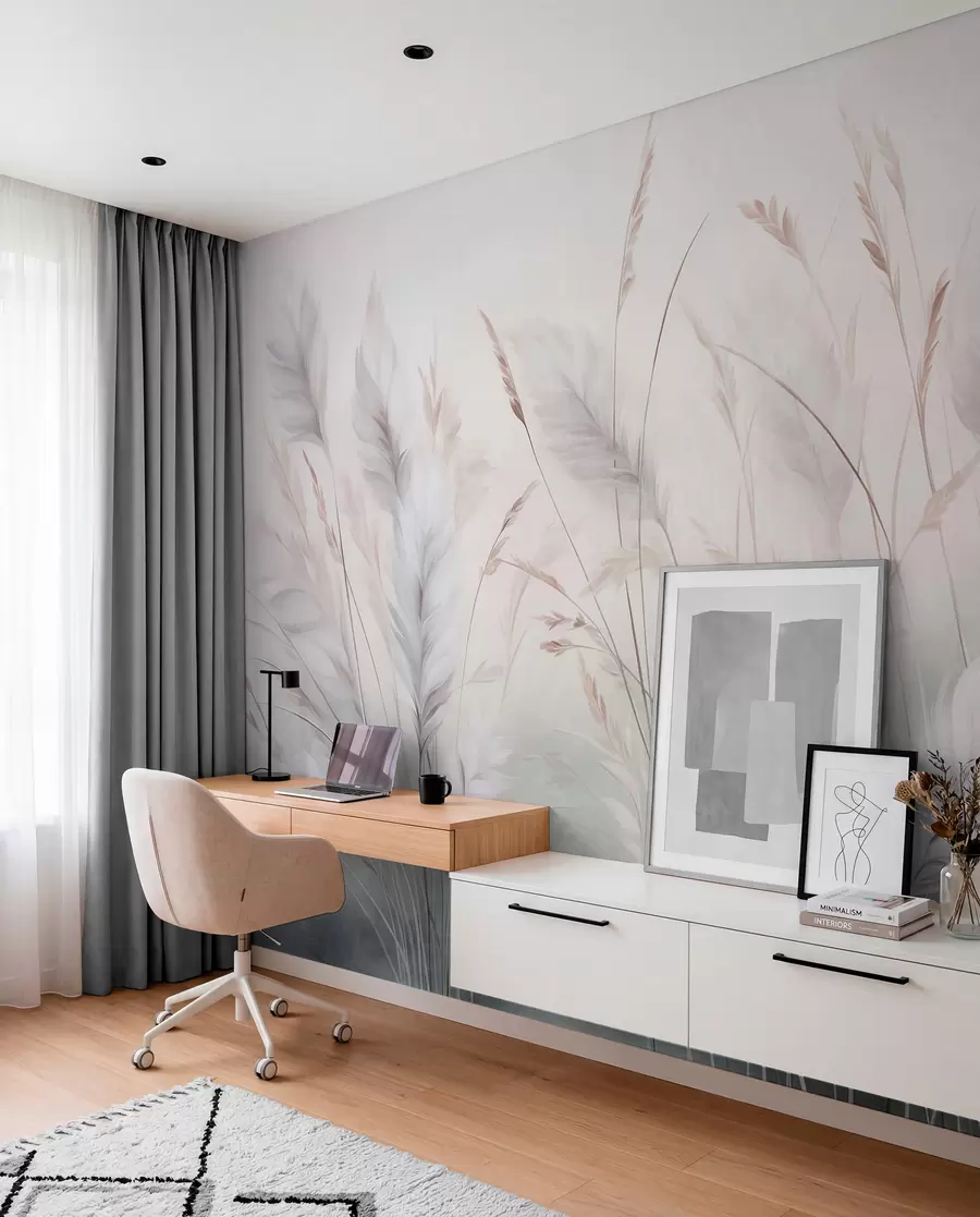 wall murals Висока, перната трава се нежно њише на мекој, пригушеној позадини, нежна природна уметност w09831