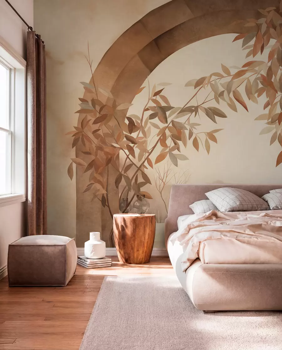 wall murals Лук са пејзажом, дрвећем и лишћем у пригушеним јесењим бојама, текстурирана уметност w09907