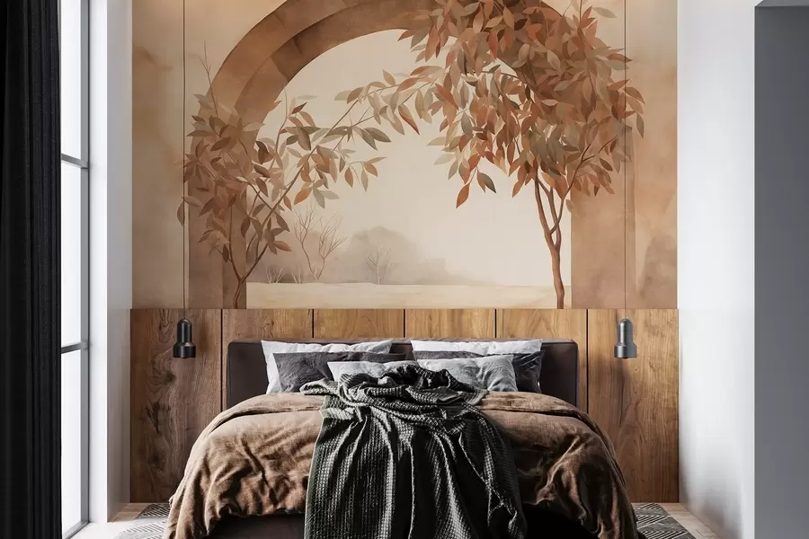 wall murals Лук са пејзажом, дрвећем и лишћем у пригушеним јесењим бојама, текстурирана уметност w09907